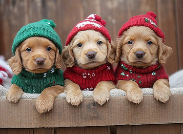 Festive Puppy Trio in Cozy Sweaters Puzzle | MakeYourPuzzles